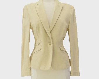 70s Vintage Diane Von Furstenberg Silk Blend Blazer Womens M 8 Yellow Basketweave Fitted Suit Jacket