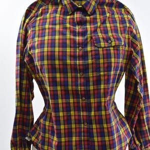 70s The Fox Collection Plaid Blouse Top Womens M Long Sleeves
