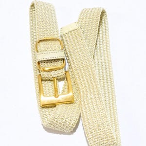 Vintage Beige Nylon Belt Satin Gold Buckle Triple Belt Keeper Minimalist Luxury