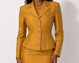 Vintage Valerie Stevens Silk Yellow Blazer Womens 6 Cinch Waist Shoulder Pad 80s