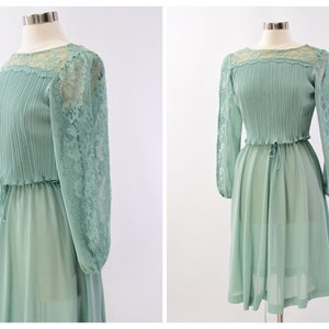 60s Vintage Sage Green Blouson Dress Lace & Bead Accents Women M New Discoveries