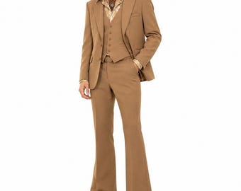 70s Vintage Tan 3 Piece Suit Mens 40R Pick Stitch Vest Flare Pants Big Lapel Mod