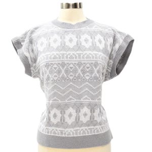 80s Vintage Adele Knitwear Top Womens L Gray White Geometric Knit Preppy Oversized Sweater Vest Pullover Acrylic Cottagecore