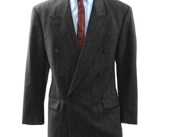 Hugo Boss Gray Pinstripe Double Breasted Wool Blazer Mens 44R Peak Lapel Jacket