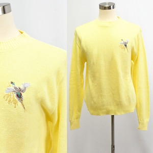 90s Vintage Mens XL Pastel Yellow Embroidered Crew Neck Sweater Flying Scotsman
