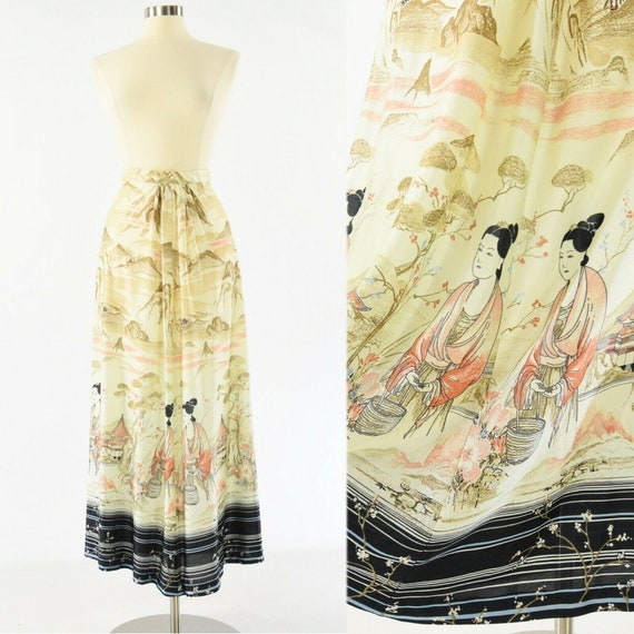 70s Vintage Scenic Asian Print Maxi Skirt Novelty… - image 1