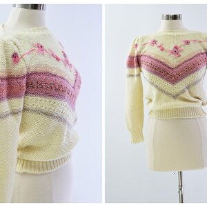 80s Vintage Womens S Embroidered Striped Ribbon Trim Sweater Country Crafts