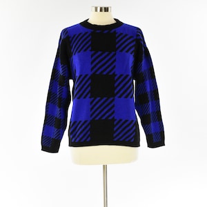 90s Vintage Plaid Sweater Womens S Blue Black Acrylic Checkered Knit Pullover Grunge Crewneck Preppy Long Sleeve Graphic Plaid Winter Top