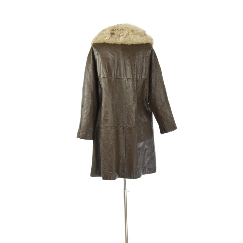 70s Vintage Brown Leather Belted Cape Coat Womens L Rabbit Fur Collar Coat Blonde Knee Length Trench Style Winter Outerwear Boho Car Coat 14 image 5
