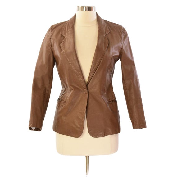 70s Vintage Bermans Cognac Leather Blazer Womens S 6 Western Light Brown Jacket Fitted Single Button Jacket
