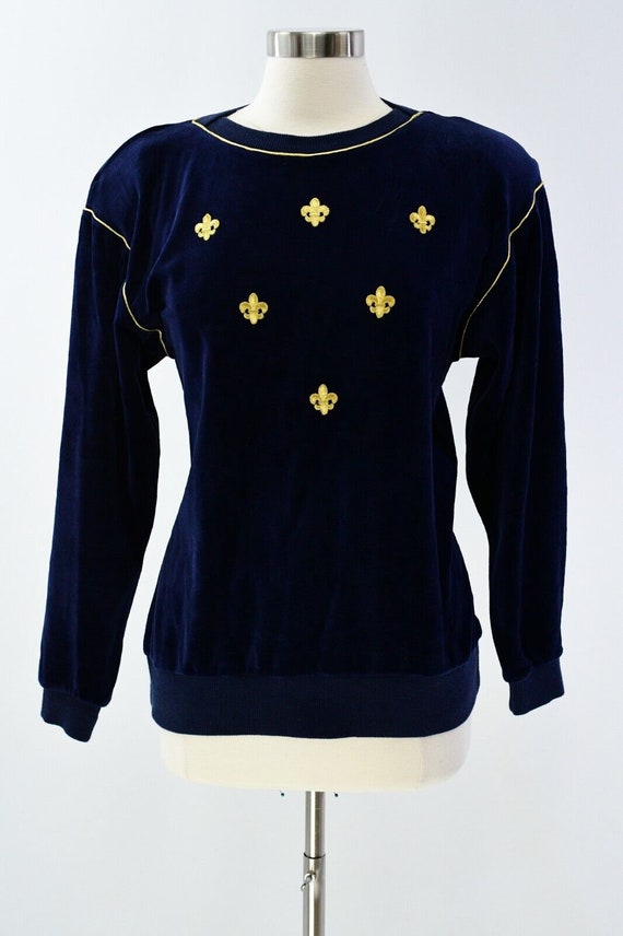 80s Womens M Embroidered & Piped Velour Top Blouse