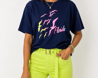 80s Vintage Neon Graphic Tee Womens L Florida Seagulls Navy Blue Single Stitch
