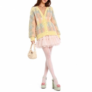 70s Vintage Chunky Patchwork Cardigan Womens M Boucle Pastel Boho Sweater Coat