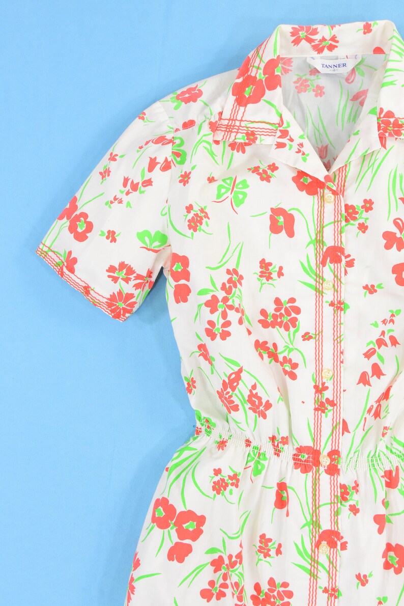 70/'s Vintage Red Butterfly Print Shirt Dress Tanner S 6 Rockabilly Cotton