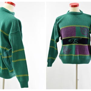 90s Mens L Sweater Green With Purple Abstract Design Yellow Stripes Blarney