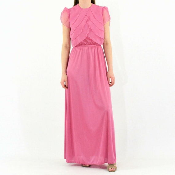 70's Vintage Mauve Pink Ruffled Bodice Maxi Dress… - image 2