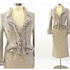 50s/60s Vintage Boucle Textured Knit Wool Skirt Set Suit Womens S/M