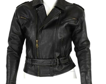 80s Vintage Wild Rider Black Leather Jacket Womens L Biker Moto Belted Zip Punk Goth Rocker Cropped Motorcycle Jacket 12 14 Retro Outerwear