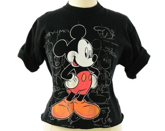 Y2K Vintage Mickey Mouse Sketch Tee Womens L Disney Cartoon Graphic Black T Shirt USA Made Jerry Leigh Cropped Fit Cotton Top