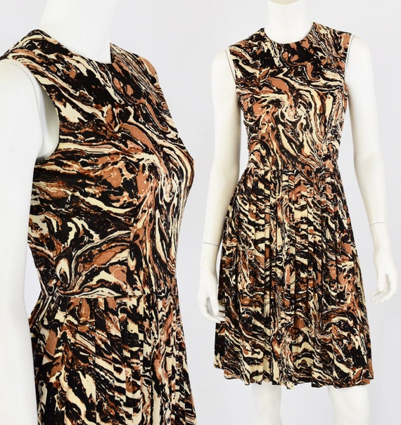 60s Vintage Abstract Print Day Dress Marbled Print