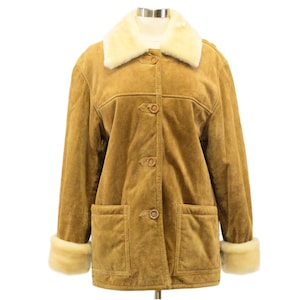 90s Vintage Suede Chore Coat Womens M Tan Leather Dennis Basso Faux Shearling Lined Workwear Utility Jacket Relaxed Fit Barn Coat