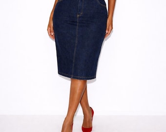 80s Vintage Lee Pencil Midi Skirt Womens 14 Denim Dark Wash Western Knee Length