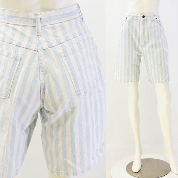 90s Vintage Womens 10 Light Wash Blue & White Striped High Waist Shorts