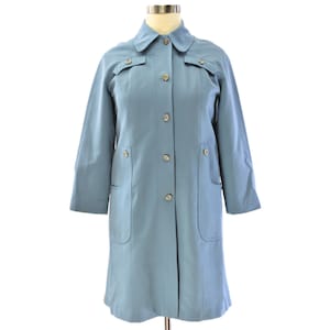 70s Vintage Dusty Blue Trench Coat Womens L Polyester Gabardine Raincoat 1970s Outerwear Mod Minimalist Long Jacket Forecaster of Boston