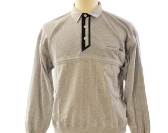Vintage Greenline International Polo Shirt Striped Rib Knit Grey White Men's XL
