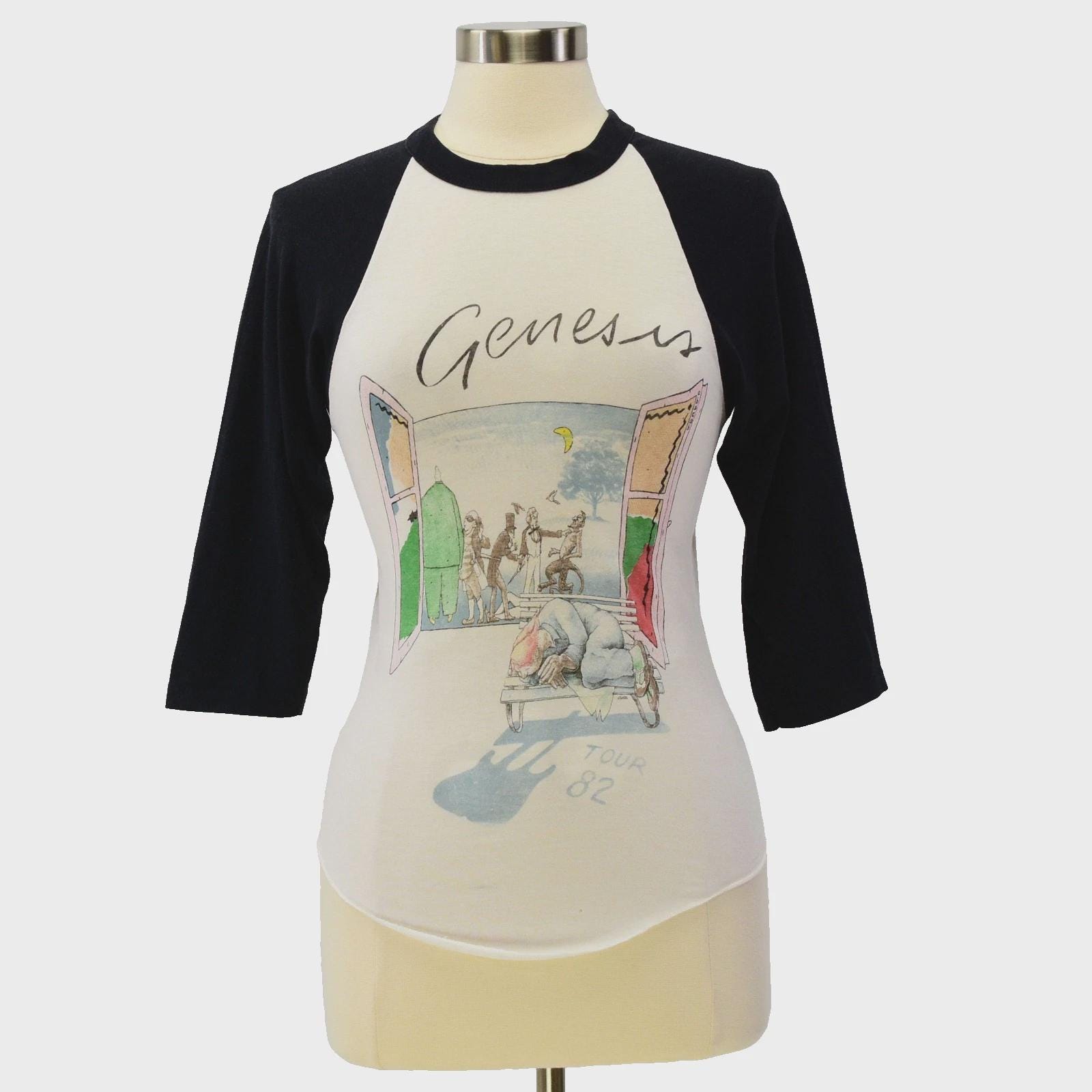80s Vintage Genesis Tour 82 T Shirt Womens XS Raglan Band Tee