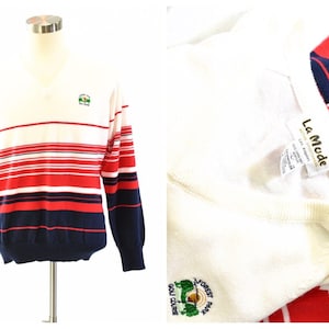 True 80s Vintage Mens L Striped V Neck Golf Sweater La Mode