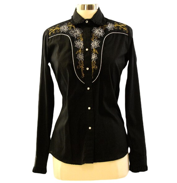 70s Vintage Rockmount Ranch Wear Western Shirt Womens M Black