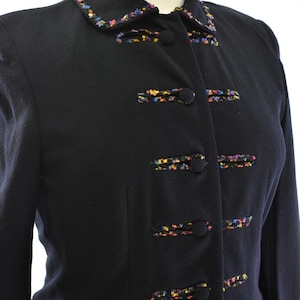 80s Black Oriental Inspired 6 Button Blazer Womens 12 Virtue Wool Blend