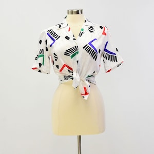 70s Vintage Womens S White Abstract Print Blouse Maygene