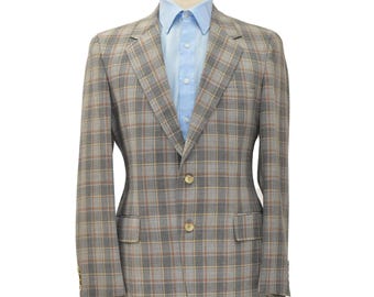 70s Vintage Gray Plaid Sport Coat Mens 40R Wool 2 Button Slim Fit Blazer Orange
