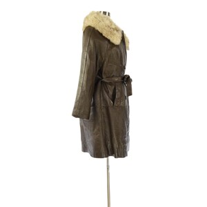 70s Vintage Brown Leather Belted Cape Coat Womens L Rabbit Fur Collar Coat Blonde Knee Length Trench Style Winter Outerwear Boho Car Coat 14 image 4