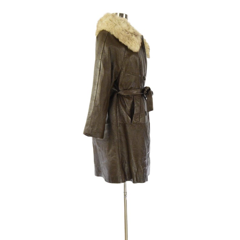 70s Vintage Brown Leather Belted Cape Coat Womens L Rabbit Fur Collar Coat Blonde Knee Length Trench Style Winter Outerwear Boho Car Coat 14 image 4
