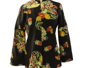 70s Vintage Silk Mandarin Collar Blouse Womens M L Asian Geisha Graphic Print Tunic Jacket
