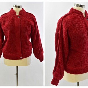 80s Vintage Womens Red Chunky Textured Knit Sweater Jacket Alpine Express Large