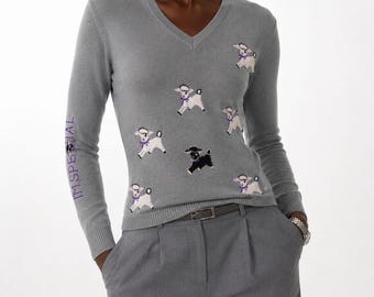 70s Vintage Sheep Embroidered V Neck Sweater Womens S Light Gray Novelty Knit