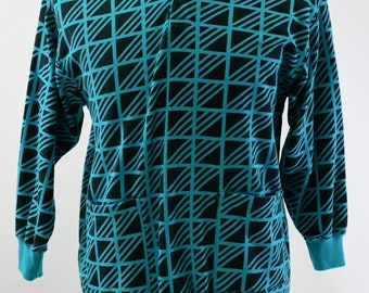 80s Vintage Geometric Top Womens L Esprit Turquoise & Black