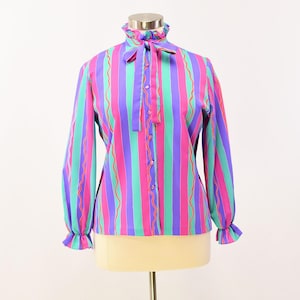 70s Vintage Womens L Multicolor Striped Ruffled & Tie Mock Neck Blouse Rhoda Lee