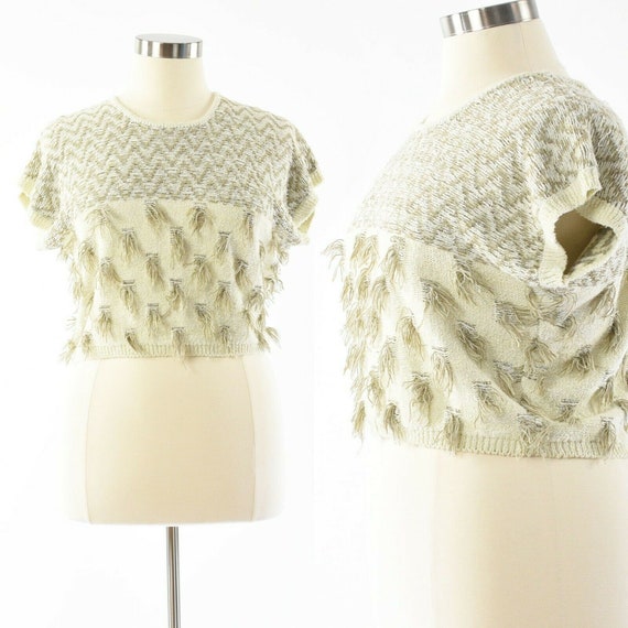 80s Vintage Cropped Fringed Sleeveless Sweater To… - image 1