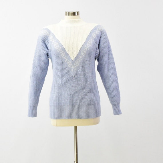 80s Vintage Women's S Mock Neck Sweater Blue & Wh… - image 3