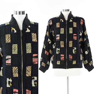 Vintage Yak Magik Bomber Jacket Womens M Black Cotton Patchwork Animal Print Zip Up 80s Style Tiger Leopard Cheetah Safari Streetwear Boho