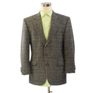 90s Vintage Bachrach Black & White Plaid Wool Blazer Men&#39;s 42 Leather Buttons