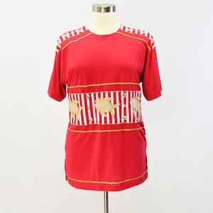 80s Vintage Womens L/XL Red Embellished Studded Embroidered Top Beach Nautical