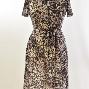 70s Womens PL Floral Print Shirt Dress Band Collar Tie Neck Three R&#39;s