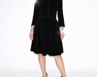 50s Vintage Black Velvet Skirt Suit Cropped Blazer Pleated Skirt Set Womens M