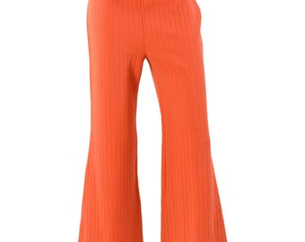 70s Vintage Bobbie Brooks Rib Knit Bell Bottoms Womens Size 10 High Waist Pants Bright Orange Ribbed Flare M Summer Trousers